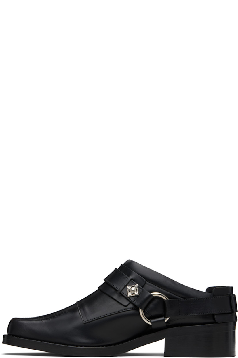 Buffed leather slip-on loafers.

· Embroidered detailing at square toe
· Strap with graphic hardware at vamp
· Convertible pin-buckle slingback strap
· Stacked leather heel with rubber injection
· Leather sole
· Heel: H1.5"

Supplier color: Black