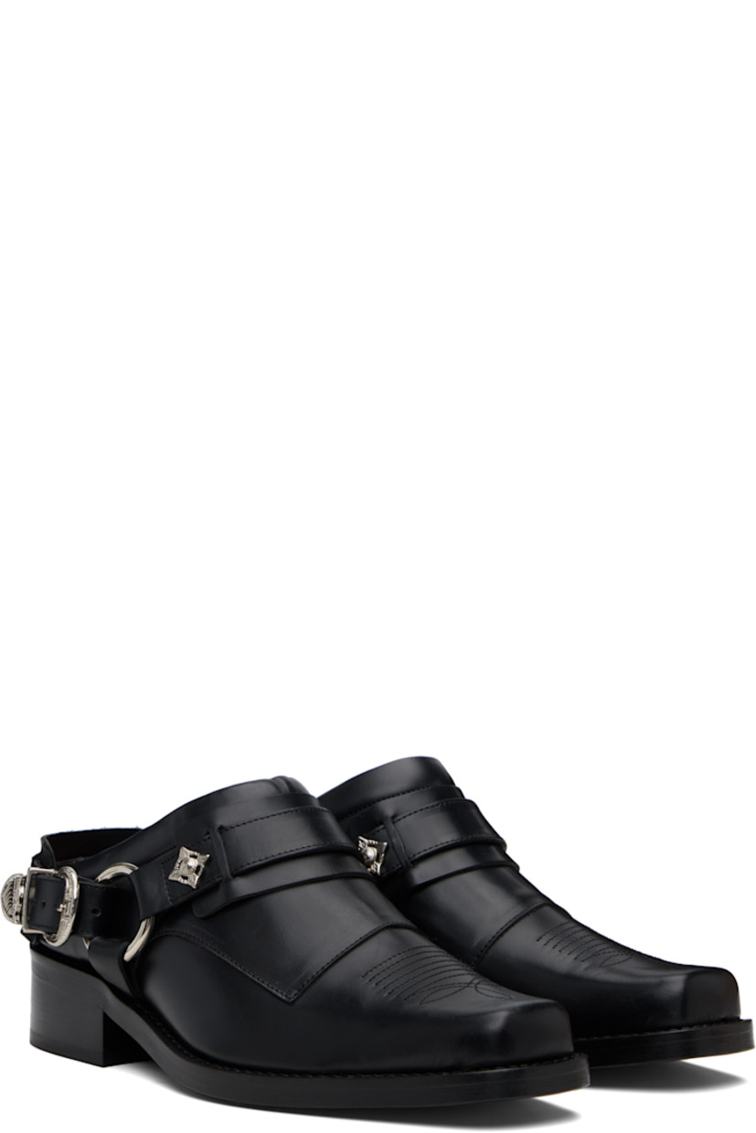 Buffed leather slip-on loafers.

· Embroidered detailing at square toe
· Strap with graphic hardware at vamp
· Convertible pin-buckle slingback strap
· Stacked leather heel with rubber injection
· Leather sole
· Heel: H1.5"

Supplier color: Black