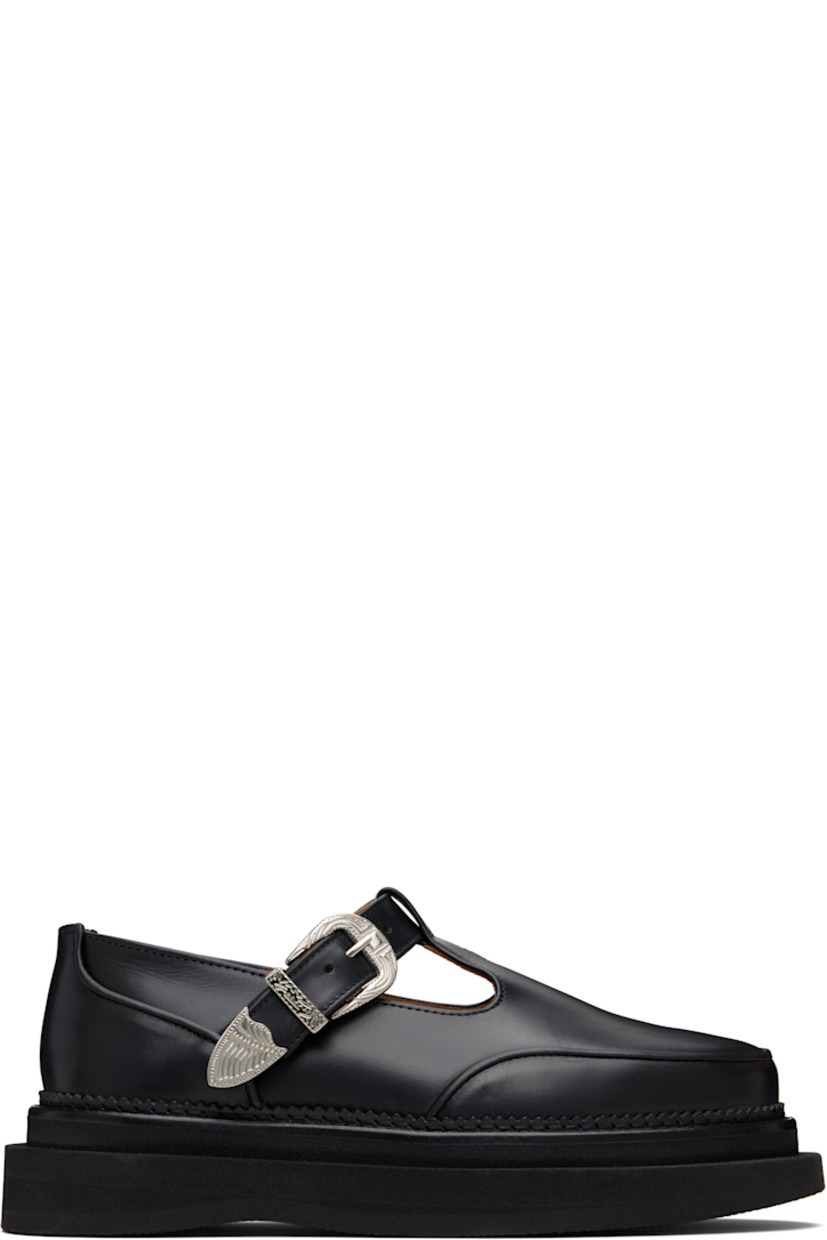 Buffed leather loafers.

· Moc toe
· Cutouts and pin-buckle strap at vamp
· Serrated edge at welt
· Foam rubber midsole
· Treaded rubber sole

Supplier color: Black