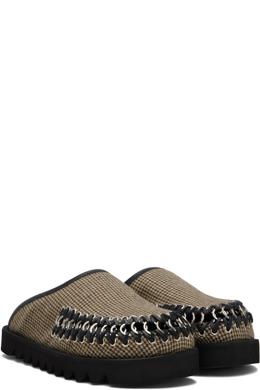 Flannel slip-on loafers.

· Prince of Wales pattern throughout
· Cutout with O-rings at toe
· Buffed leather lining
· Foam rubber midsole
· Treaded rubber sole

Supplier color: Brown