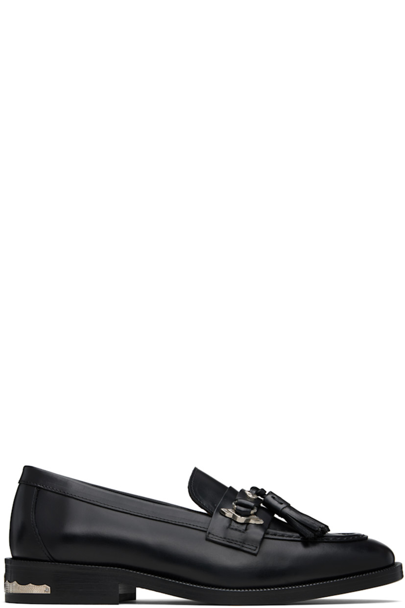 Buffed leather loafers.

· Moc toe
· Strap with tassels at vamp
· Serrated detailing at welt
· Engraved plaque at heel
· Stacked leather heel with rubber injection
· Leather sole

Supplier color: Black