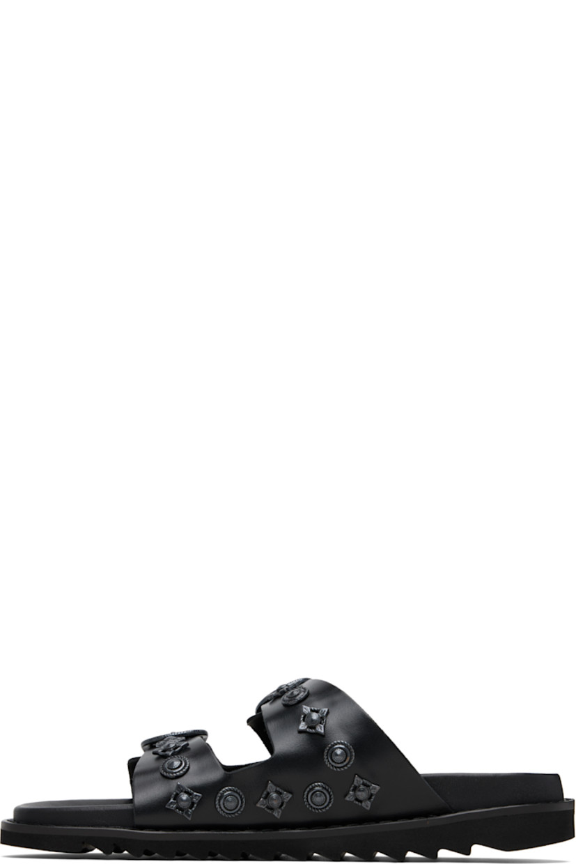 Buffed leather sandals.

· Graphic hardware throughout
· Open toe
· Pin-buckle straps at vamp
· Logo stamp at molded footbed
· Foam rubber midsole
· Treaded rubber sole

Available exclusively at SSENSE.

Supplier color: Black tonal