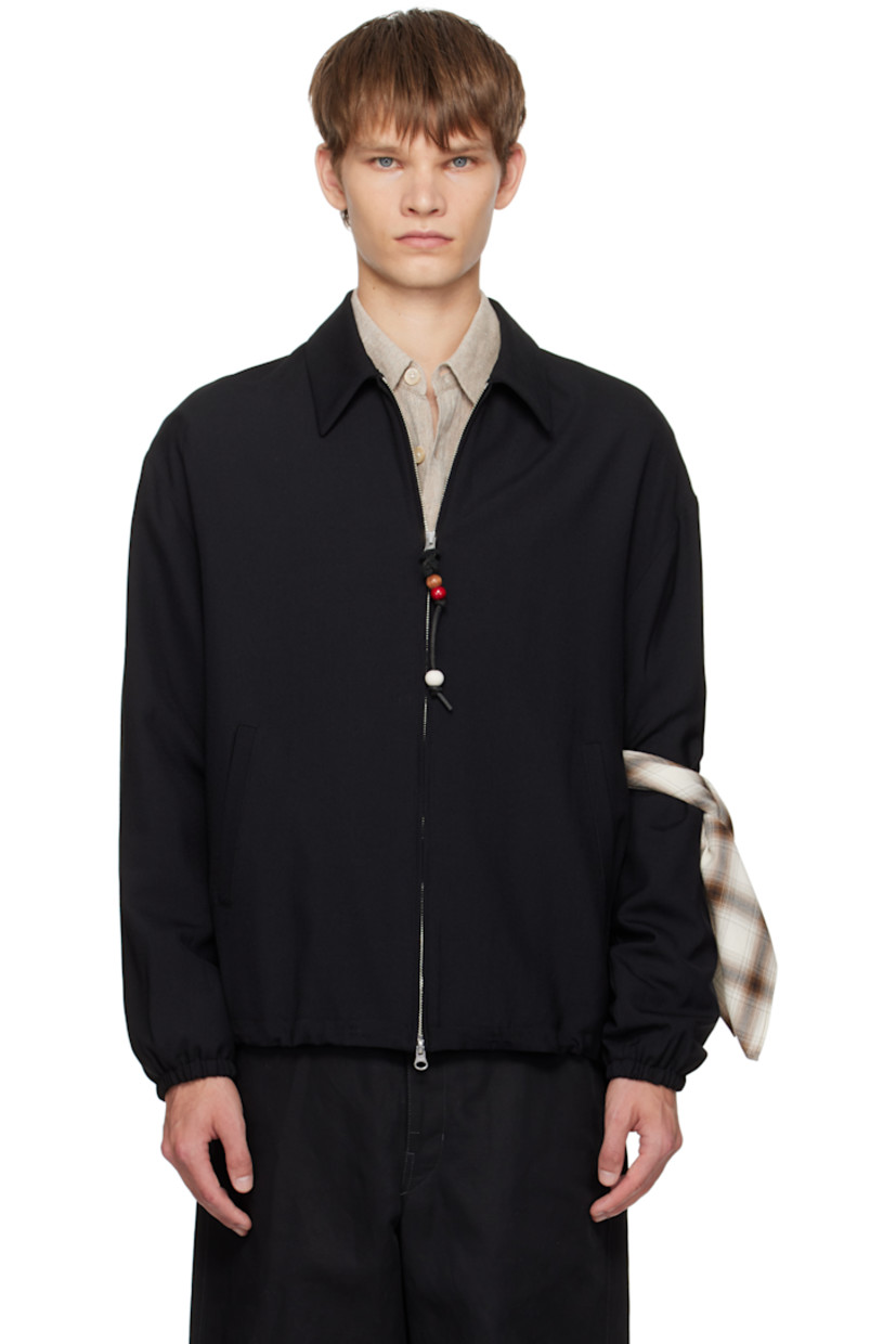 Wool-blend gabardine jacket. 

· Spread collar 
· Two-way zip closure with beaded pull-tab
· Welt pockets at waist 
· Elasticized hem and cuffs
· Loops and check pattern printed trim at sleeve 
· Logo patch at back hem 
· Partial cupro satin lining 

Supplier color: Black