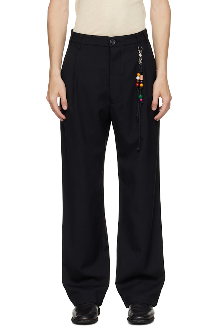 Wool-blend gabardine trousers.

· Belt loops
· Four-pocket styling
· Button fly
· Detachable beaded lanyard at waist
· Pleats at front
· Leather logo patch at back waistband
· Logo-engraved hardware

Supplier color: Black