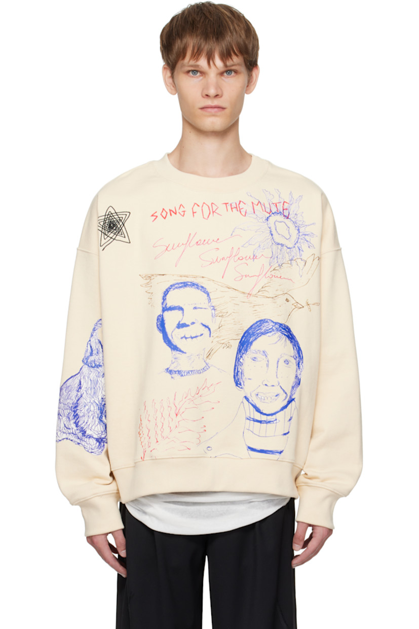 Stretch cotton French terry sweatshirt.

· Heavyweight
· Logos, graphics, and text printed and embroidered throughout
· Rib-knit crewneck, hem, and cuffs
· Dropped shoulders

Supplier color: Ivory