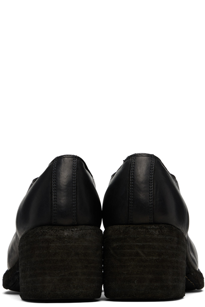 Buffed horse leather derbys.

· Square toe
· Cutout at vamp
· Lace-up closure
· Buffed leather lining
· Topstitching at welt
· Stacked leather block heel
· Leather sole
· Heel: H2.5"

Supplier color: Blkt