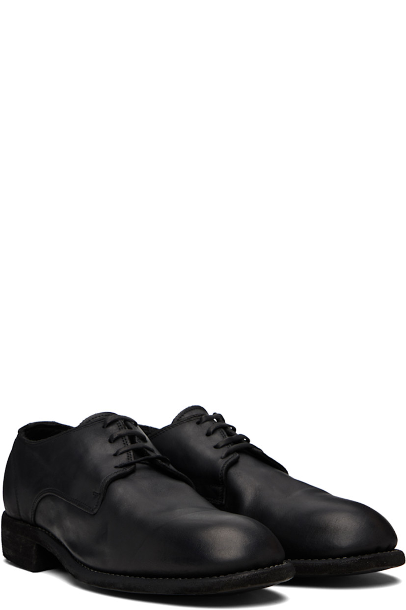 Buffed horse leather derbys.

· Lace-up closure
· Topstitching at welt
· Stacked leather heel
· Leather sole
· Heel: H1.5"

Supplier color: Blkt