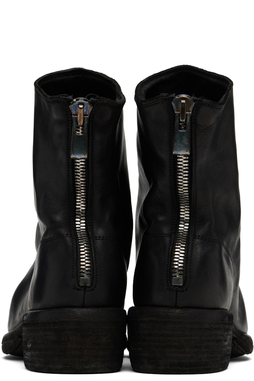Ankle-high full-grain horse leather boots.

· Object-dyed
· Zip closure at heel
· Goodyear welt
· Stacked leather block heel
· Leather sole
· Logo-engraved antiqued silver-tone hardware
· Heel: H1.75"

Supplier color: Blkt