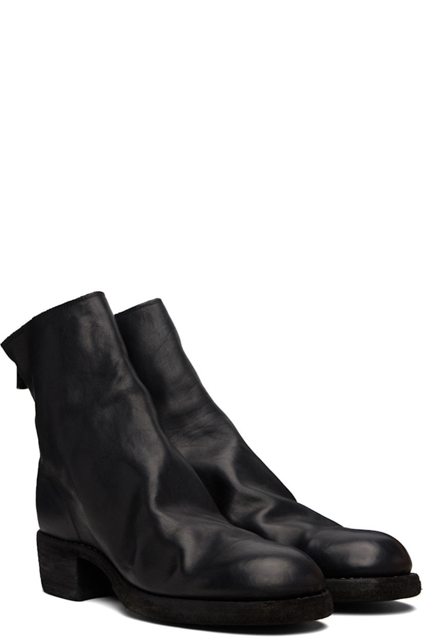 Ankle-high full-grain horse leather boots.

· Object-dyed
· Zip closure at heel
· Goodyear welt
· Stacked leather block heel
· Leather sole
· Logo-engraved antiqued silver-tone hardware
· Heel: H1.75"

Supplier color: Blkt