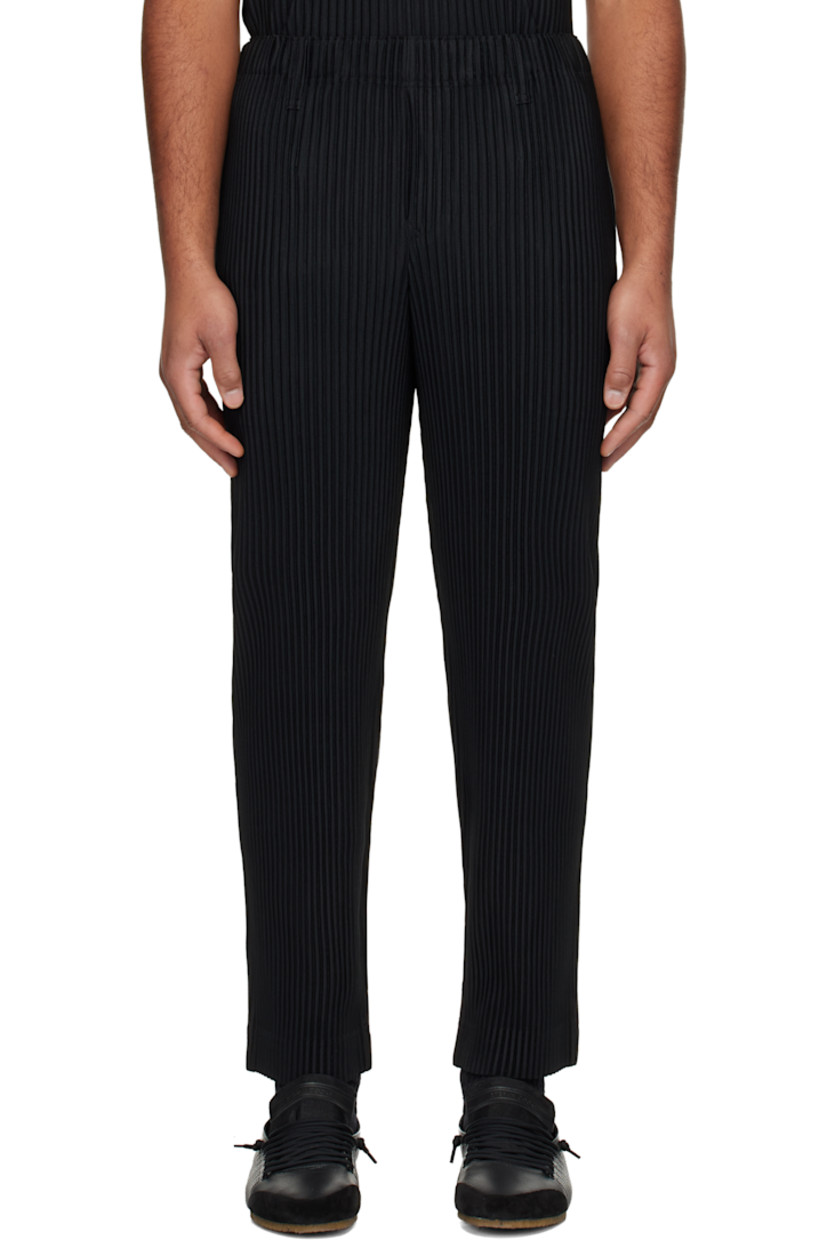 Garment-pleated polyester tricot trousers.

· Straight-leg 
· Belt loops at elasticized waistband
· Two-pocket styling
· Button fly 

Supplier color: Black