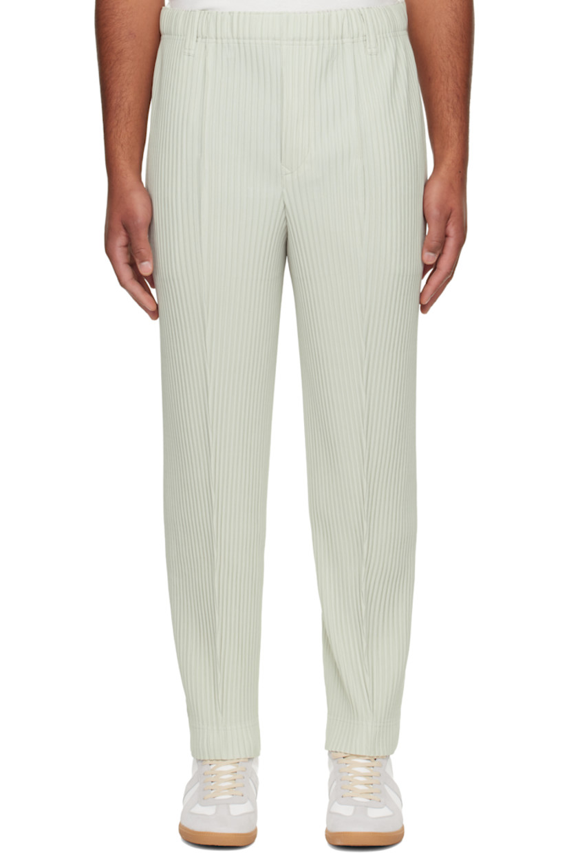 Garment-pleated tricot trousers.

· Belt loops at elasticized waistband
· Two-pocket styling 
· Button fly

Supplier color: Strata gray
