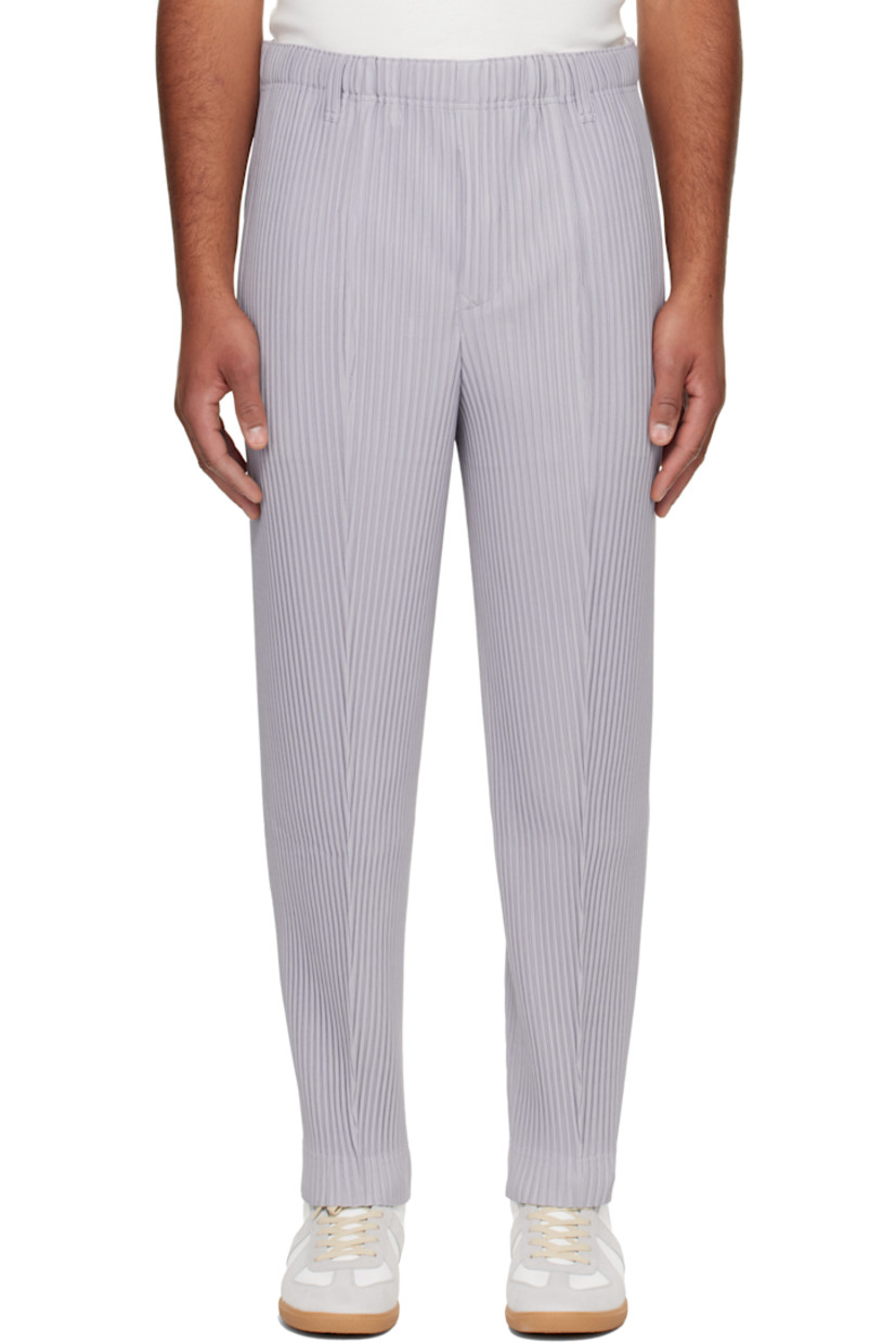 Garment-pleated tricot trousers.

· Belt loops at elasticized waistband
· Two-pocket styling 
· Button fly

Supplier color: Pebble purple