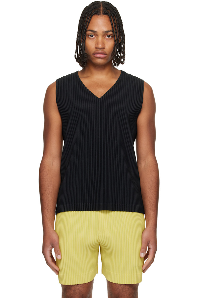 Garment-plated polyester tricot tank top. V-neck.

Supplier color: Black