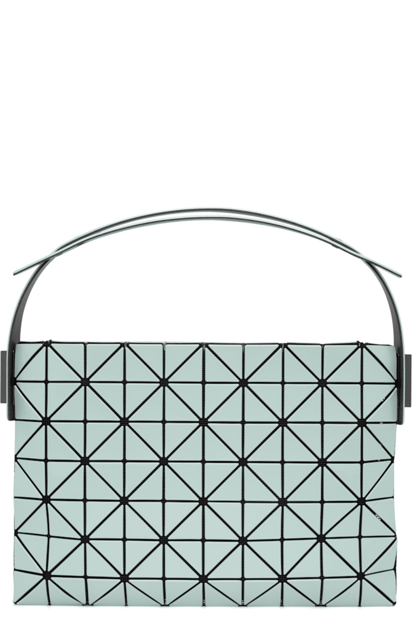 Mesh shoulder bag.

· Signature triangular vinyl appliqués in blue
· Adjustable shoulder strap
· Zip closure
· Logo-woven zip pocket at interior
· Unlined
· Logo-engraved gunmetal-tone hardware
· H7.5" x W11" x D2"

Supplier color: Pearl blue
