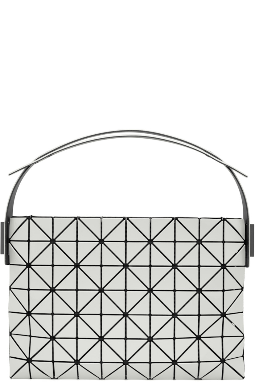 Mesh shoulder bag. 

· Signature triangular vinyl appliqués in white
· Adjustable shoulder strap
· Zip closure
· Logo-woven zip pocket at interior
· Unlined
· Logo-engraved gunmetal-tone hardware
· H7.5" x W11" x D2"

Supplier color: Pearl white