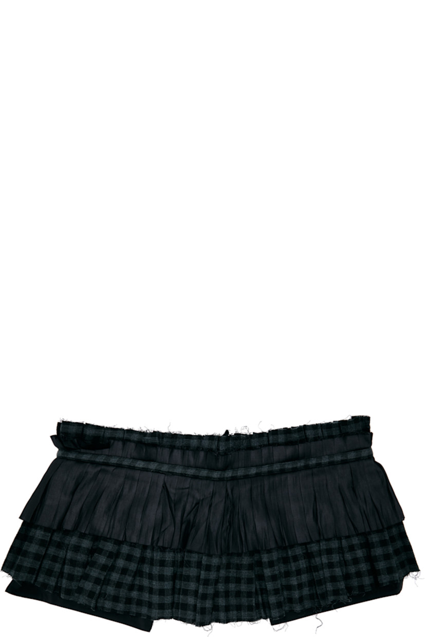 Cotton flannel and satin belt. 

· Check pattern, pleats, and frayed edges throughout 
· Two zip pockets at front 
· Self-tie fastening 
· W10.5"

Supplier color: Black