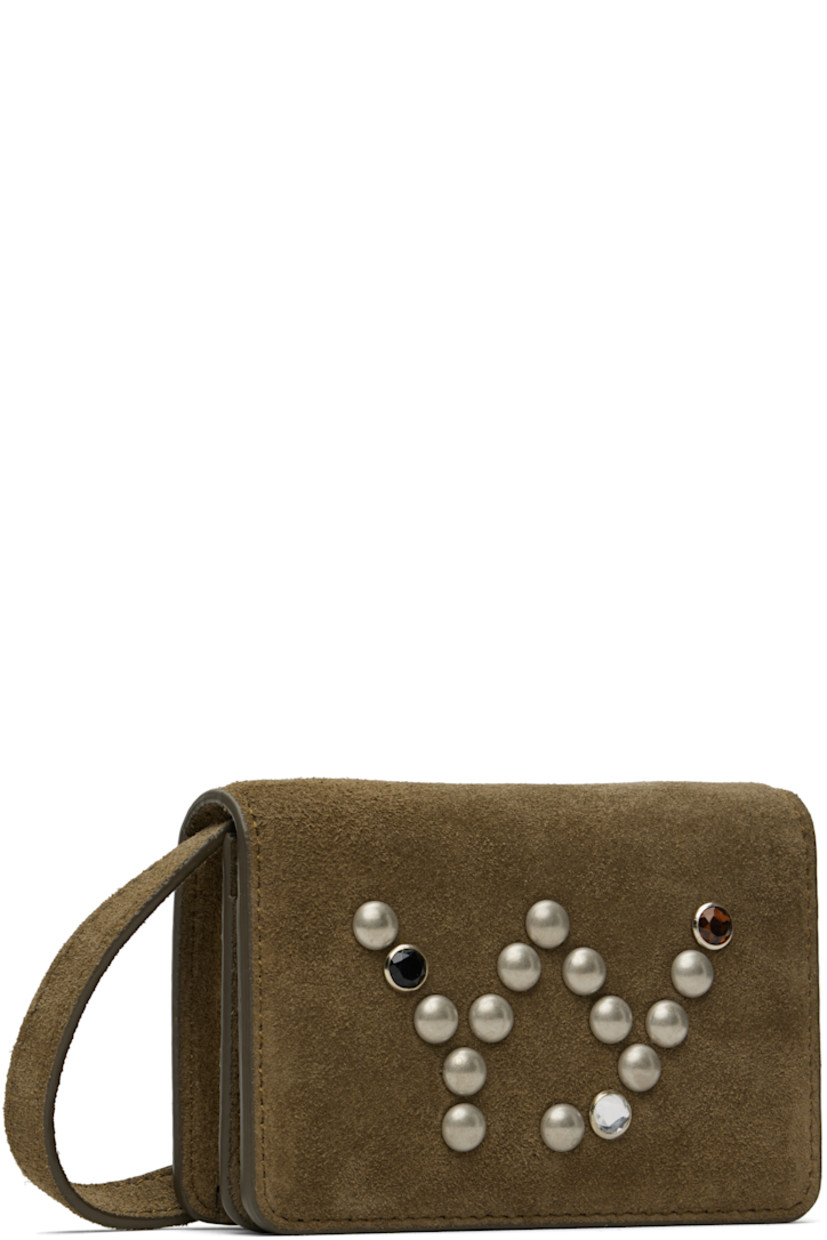 Suede wallet-on-strap bag.

· Adjustable and detachable crossbody strap
· Studded logo with crystals at face
· Embossed logo at back face
· Foldover press-stud flap
· Coin compartment and three card slots
· Canvas lining
· H3" x W4.25" x D1.75"

Supplier color: Khaki brown