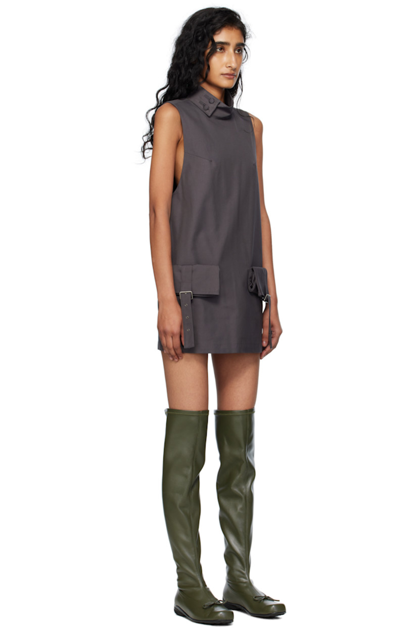 Cotton-blend twill minidress.

· Button fastening at stand collar 
· Darts at chest
· Pin-buckle cargo pockets at front 
· Concealed zip closure at back 
· Full satin lining 

Supplier color: Charcoal