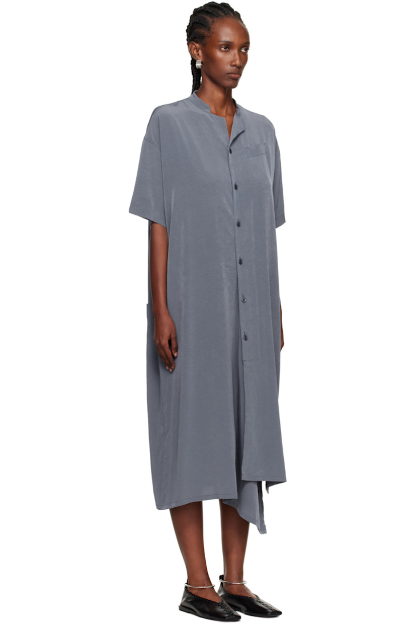 Triacetate-blend sateen midi dress.

· Notched band collar 
· Button closure
· Welt pocket at chest
· Vented drop-tail hem 
· Dropped shoulders 
· Patch pockets at back 

Supplier color: Blue/Grey