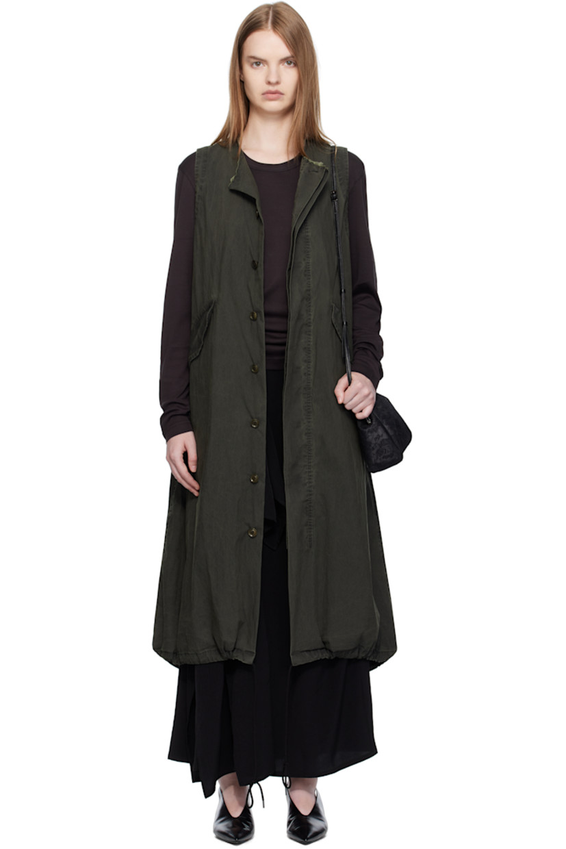 Plain-woven cotton-blend midi dress.

· Pigment-dyed and garment-washed 
· Raw edge at round neck
· Button closure
· Flap pockets at waist
· Drawstrings at hem 
· Central vent at back hem 

Supplier color: Khaki
