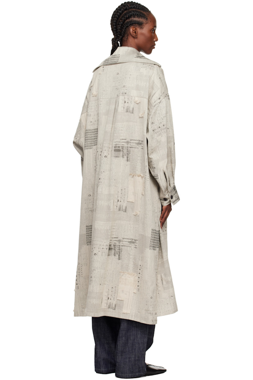 Plain-woven cotton coat.

· Woven pattern with fringed detailing throughout 
· Spread collar 
· Button closure
· Welt pockets at front 
· Vented side seams 
· Dropped shoulders
· Pleats at buttoned barrel cuffs
· Box pleat at back yoke 
· Unlined

Supplier color: Ivory