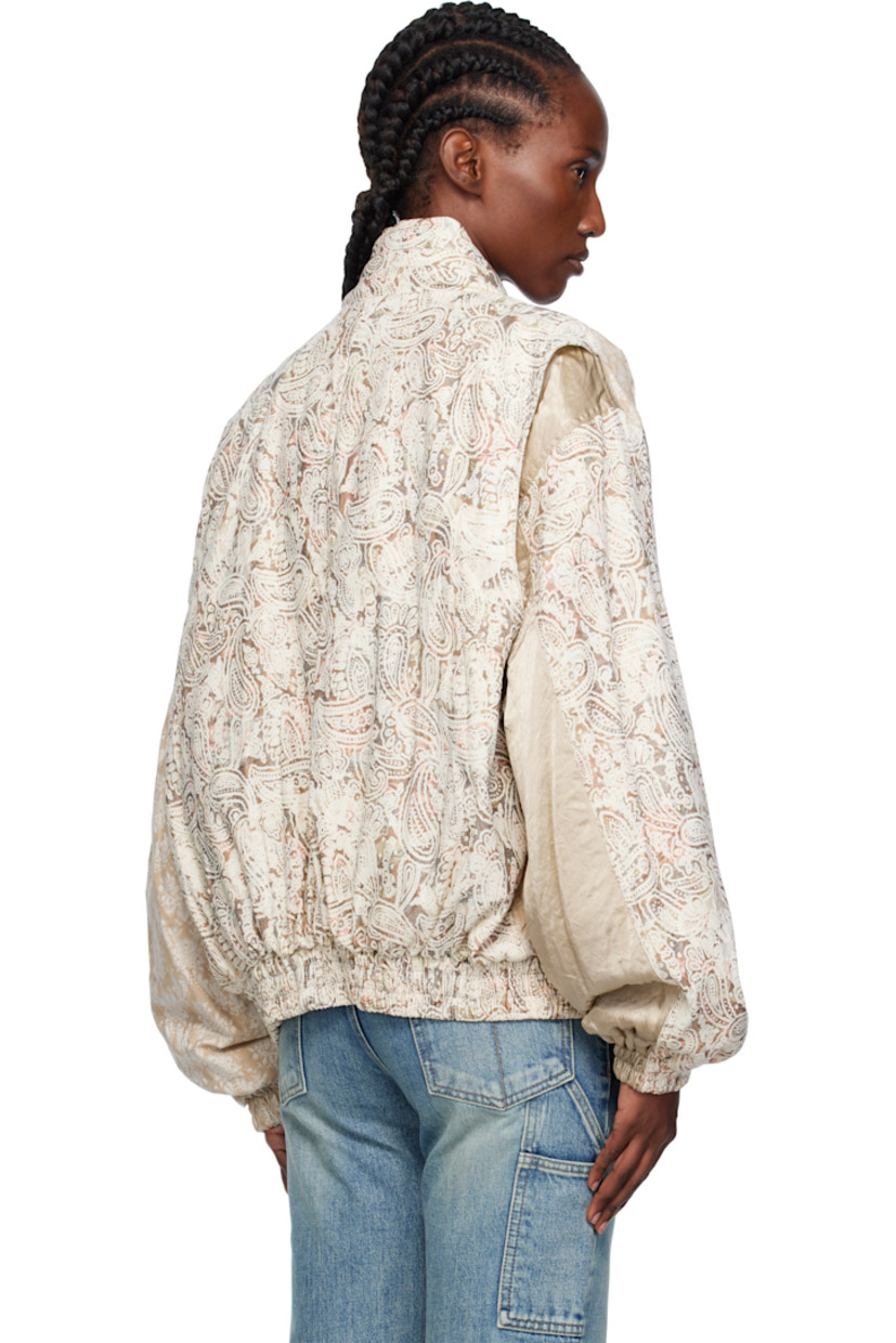 Padded stretch gobelin bomber jacket.

· Stand collar
· Two-way zip closure
· Patch pocket with press-stud flap at chest
· Welt pockets and flap pockets at waist
· Elasticized hem and cuffs
· Utility pocket and embroidered logo at sleeve
· Gusset and satin panel at back shoulders
· Welt pocket at interior
· Full satin lining
· Logo-engraved gold-tone hardware

Supplier color: Beige