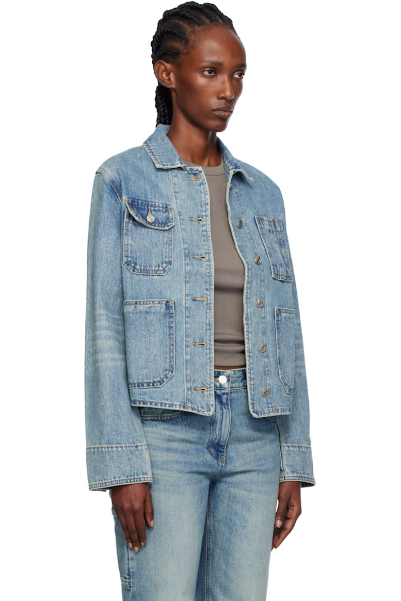 Non-stretch denim jacket.

· Fading throughout
· Spread collar
· Button closure
· Pen slot and flap pocket at chest
· Patch pockets at waist
· Buttoned cuffs
· Cinch tab at back waist
· Logo-engraved silver-tone hardware

Supplier color: Blue