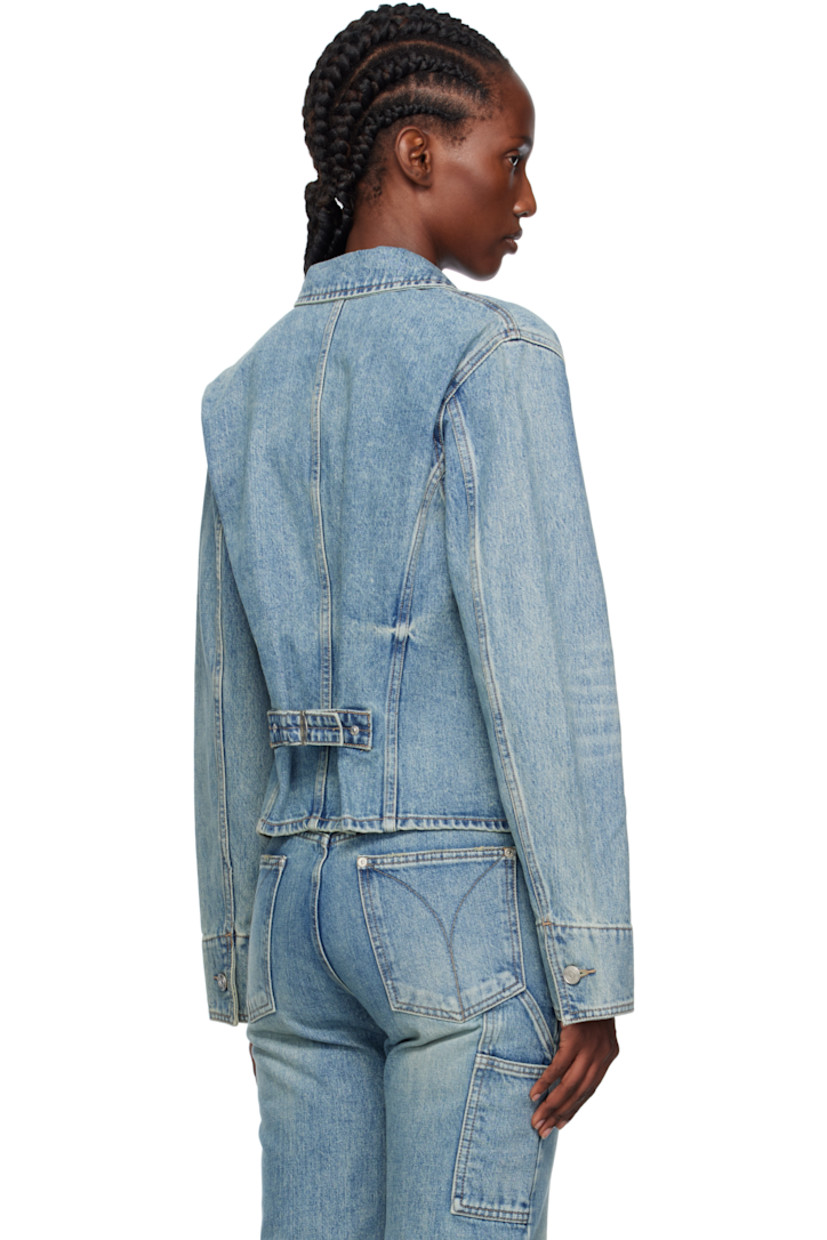Non-stretch denim jacket.

· Fading throughout
· Spread collar
· Button closure
· Pen slot and flap pocket at chest
· Patch pockets at waist
· Buttoned cuffs
· Cinch tab at back waist
· Logo-engraved silver-tone hardware

Supplier color: Blue