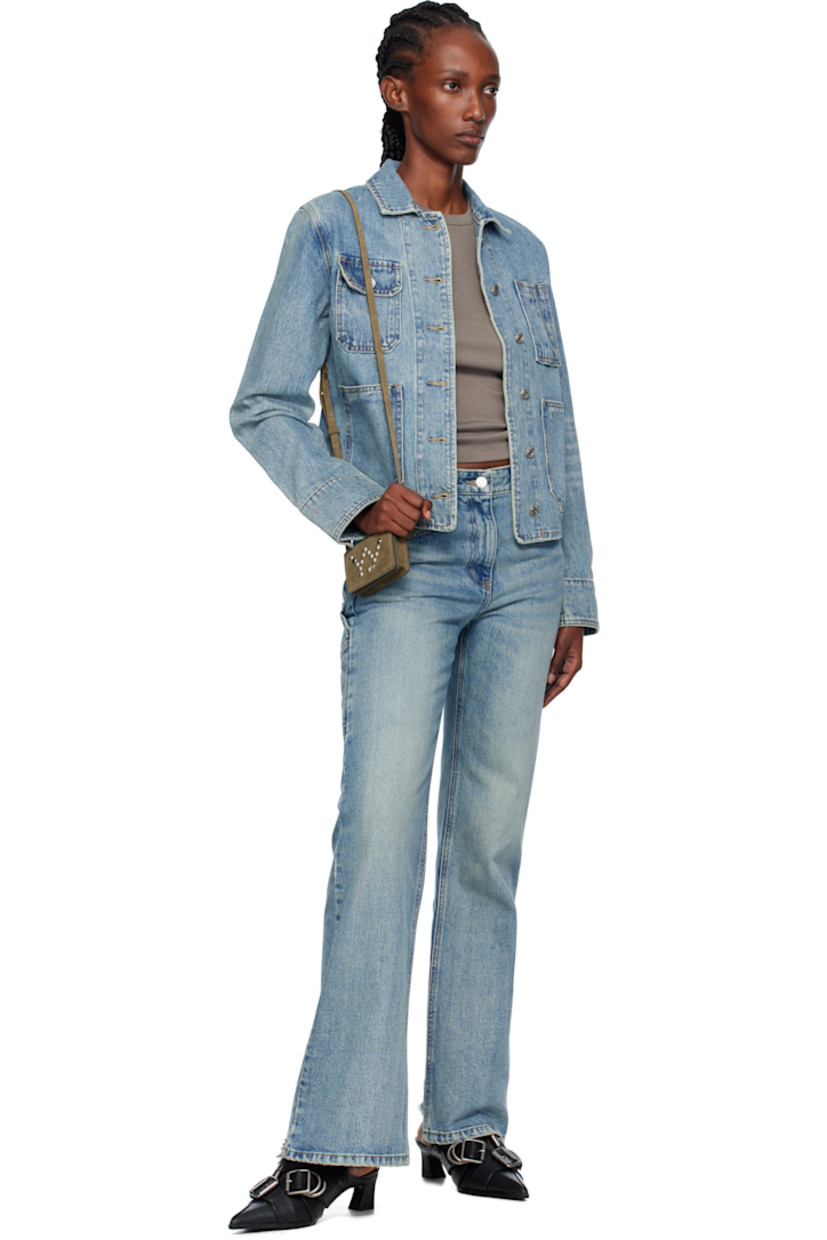Non-stretch denim jacket.

· Fading throughout
· Spread collar
· Button closure
· Pen slot and flap pocket at chest
· Patch pockets at waist
· Buttoned cuffs
· Cinch tab at back waist
· Logo-engraved silver-tone hardware

Supplier color: Blue