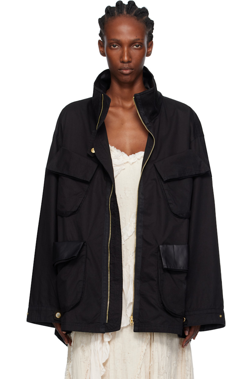 Cotton twill jacket.

· Fading throughout
· Rib-knit trim at stand collar
· Zip closure
· Bellows pockets at front
· Coated detailing at front pockets
· Press-stud epaulets
· Dropped shoulders
· Adjustable press-stud tab at cuffs
· Central vent at back hem
· Full satin lining
· Logo-engraved gold-tone hardware

Supplier color: Black