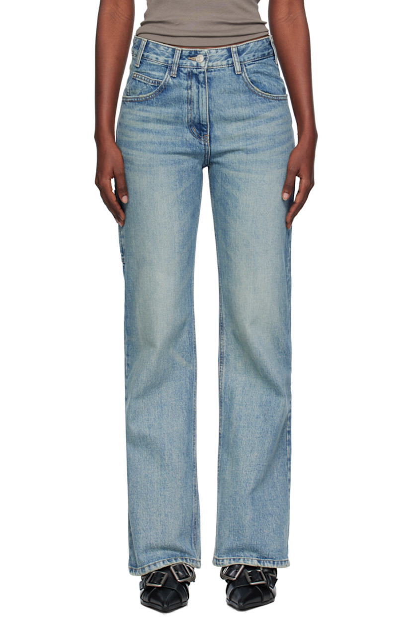 Non-stretch denim jeans.

· Fading, whiskering, subtle distressing throughout
· Belt loops
· Five-pocket styling
· Zip fly
· Logo patch at back waistband
· Patch pockets at back leg
· Logo-engraved silver-tone hardware

Supplier color: Blue
