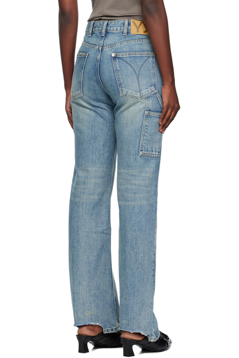 Non-stretch denim jeans.

· Fading, whiskering, subtle distressing throughout
· Belt loops
· Five-pocket styling
· Zip fly
· Logo patch at back waistband
· Patch pockets at back leg
· Logo-engraved silver-tone hardware

Supplier color: Blue