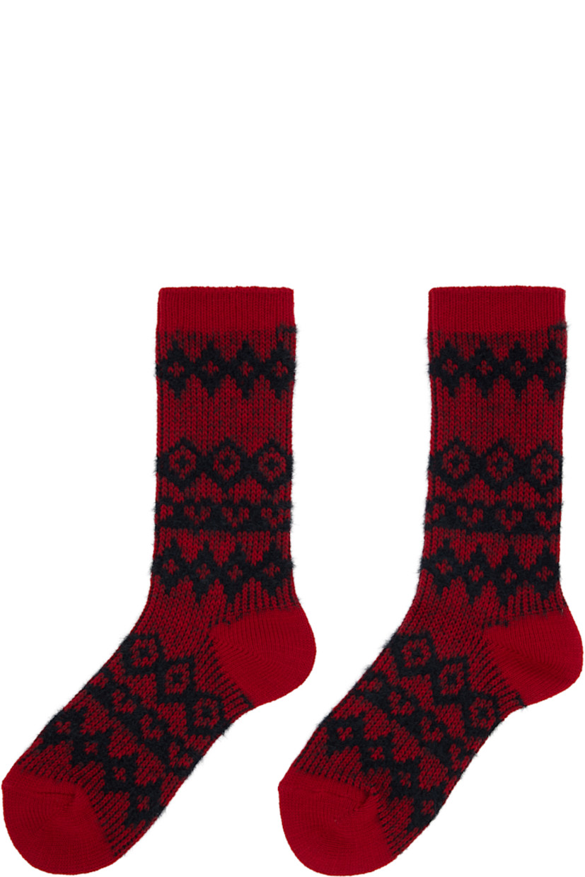 Pair of shag-knit stretch wool-blend socks. 

· Jacquard pattern throughout
· Mid-calf
· Rib-knit cuffs
· Logo printed at sole

Supplier color: Red