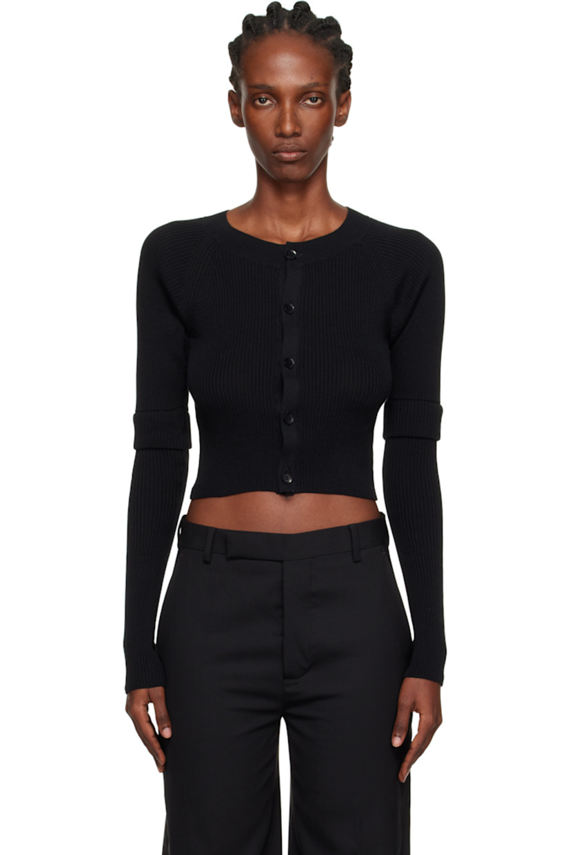 Rib-knit cotton cardigan. 

· Round neck
· Button closure
· Cropped hem
· Raglan sleeves
· Integrated elbow-length overlay at sleeves

Supplier color: Black