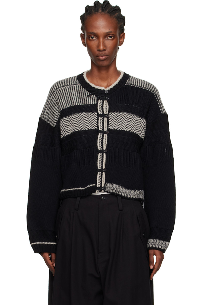 Knit cotton-blend cardigan.

· Intarsia graphic stripes throughout 
· Rib-knit crewneck, hem, and cuffs
· Button closure
· Cropped hem 
· Dropped shoulders 

Supplier color: Black/White