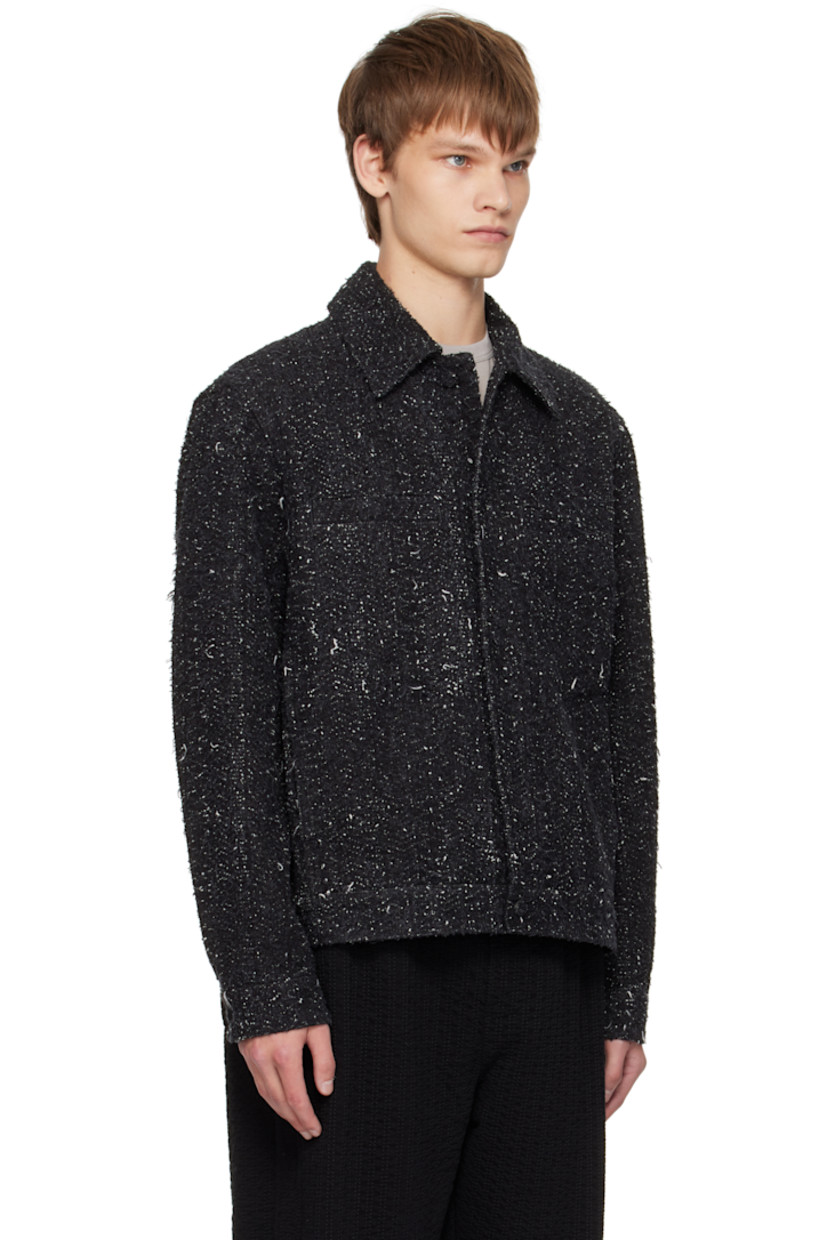 Non-stretch denim jacket.

· Distressing throughout
· Spread collar
· Button closure
· Patch pocket at chest
· Seam pockets
· Buttoned barrel cuffs

Supplier color: Black