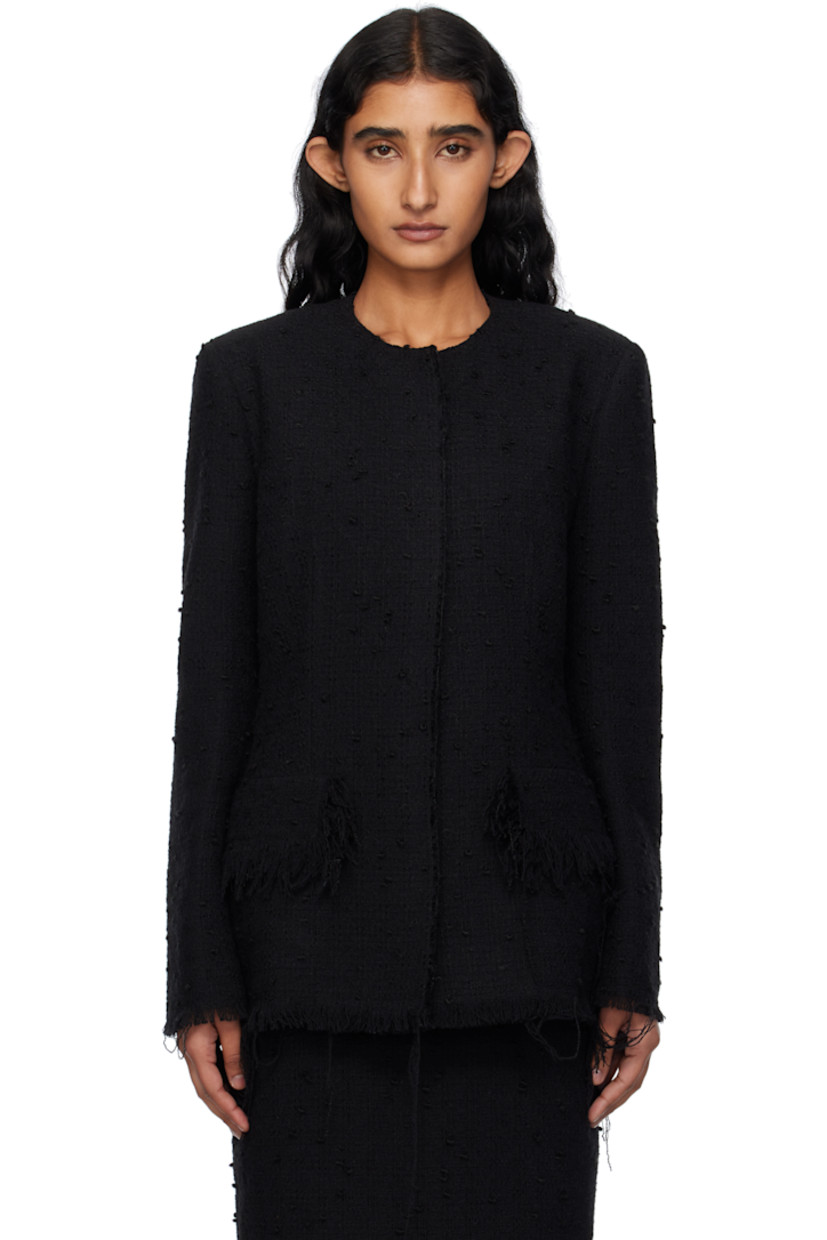 Wool-blend tweed blazer. 

· Frayed edges throughout 
· Round neck
· Press-stud closure
· Mock flap pockets
· Full plain-woven lining 

Supplier color: Black