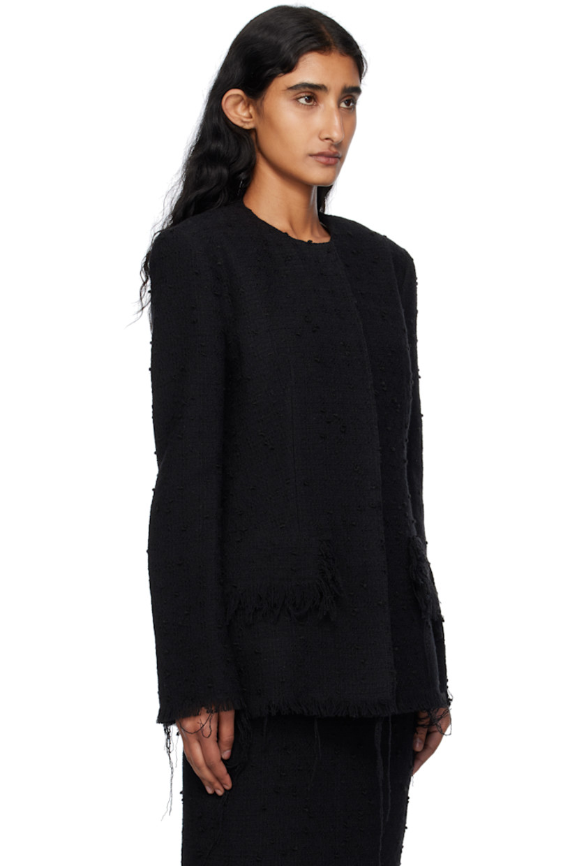 Wool-blend tweed blazer. 

· Frayed edges throughout 
· Round neck
· Press-stud closure
· Mock flap pockets
· Full plain-woven lining 

Supplier color: Black