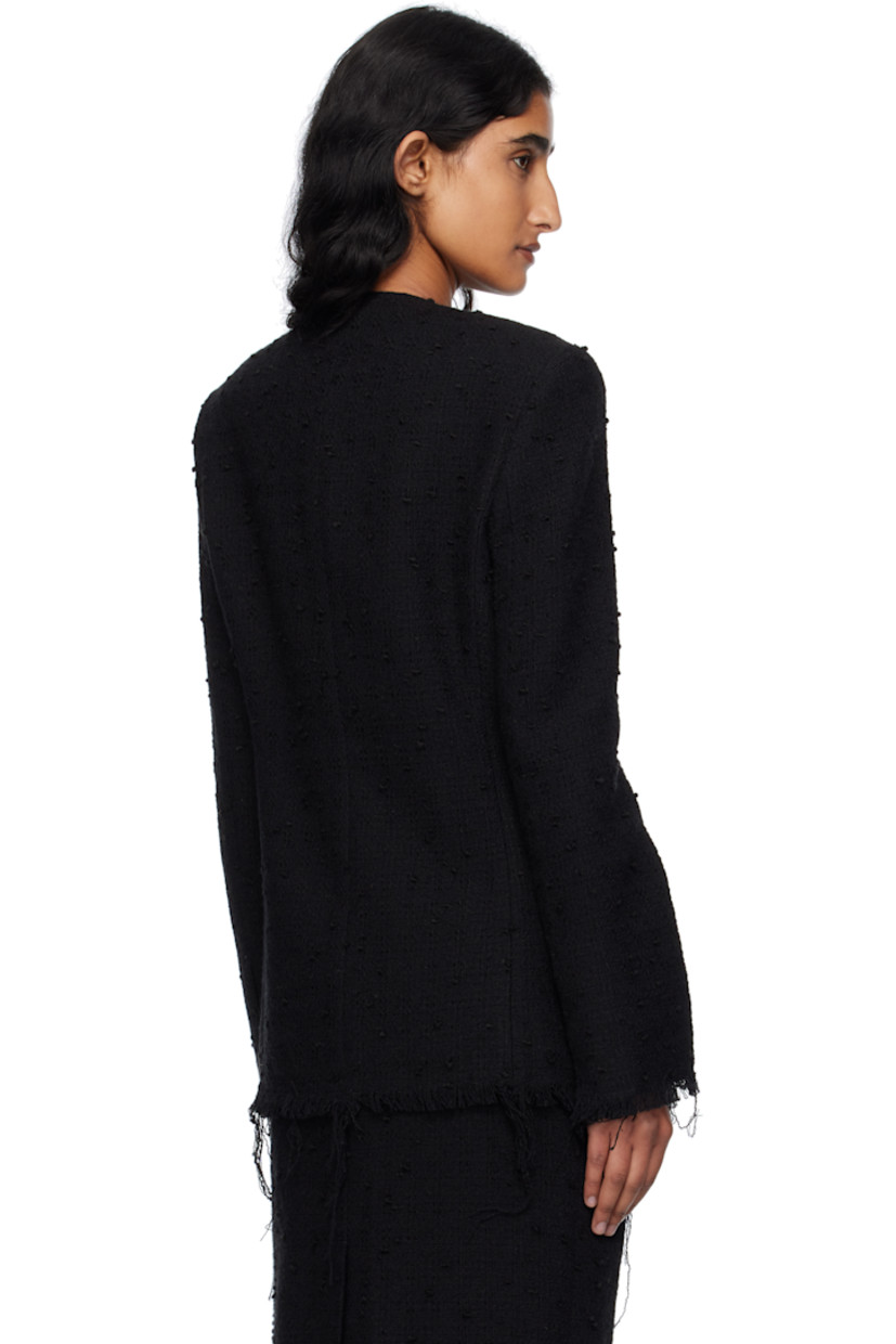 Wool-blend tweed blazer. 

· Frayed edges throughout 
· Round neck
· Press-stud closure
· Mock flap pockets
· Full plain-woven lining 

Supplier color: Black