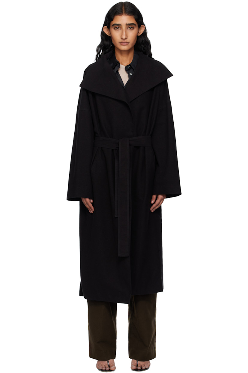 Stretch cotton moleskin coat. 

· Notched lapel 
· Open front 
· Belt loops 
· Detachable self-tie belt 
· Welt pocket at waist 
· Vented side seams
· Dropped shoulders
· Full satin lining 

Supplier color: Black