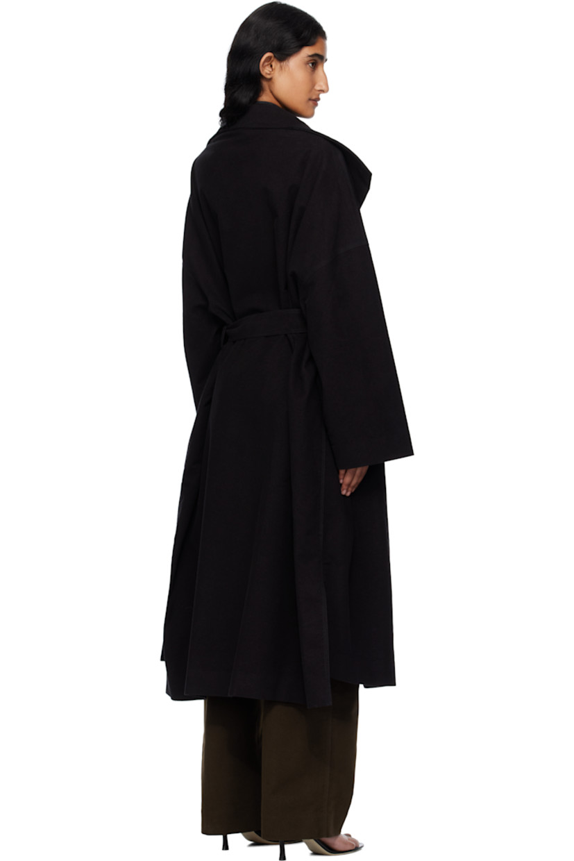 Stretch cotton moleskin coat. 

· Notched lapel 
· Open front 
· Belt loops 
· Detachable self-tie belt 
· Welt pocket at waist 
· Vented side seams
· Dropped shoulders
· Full satin lining 

Supplier color: Black