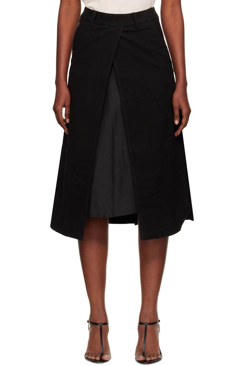 Stretch cotton moleskin midi skirt.

· Belt loops
· Two-pocket styling
· Vent and exposed slip at front
· Concealed zip closure at side seam
· Full satin slip-style lining

Supplier color: Black