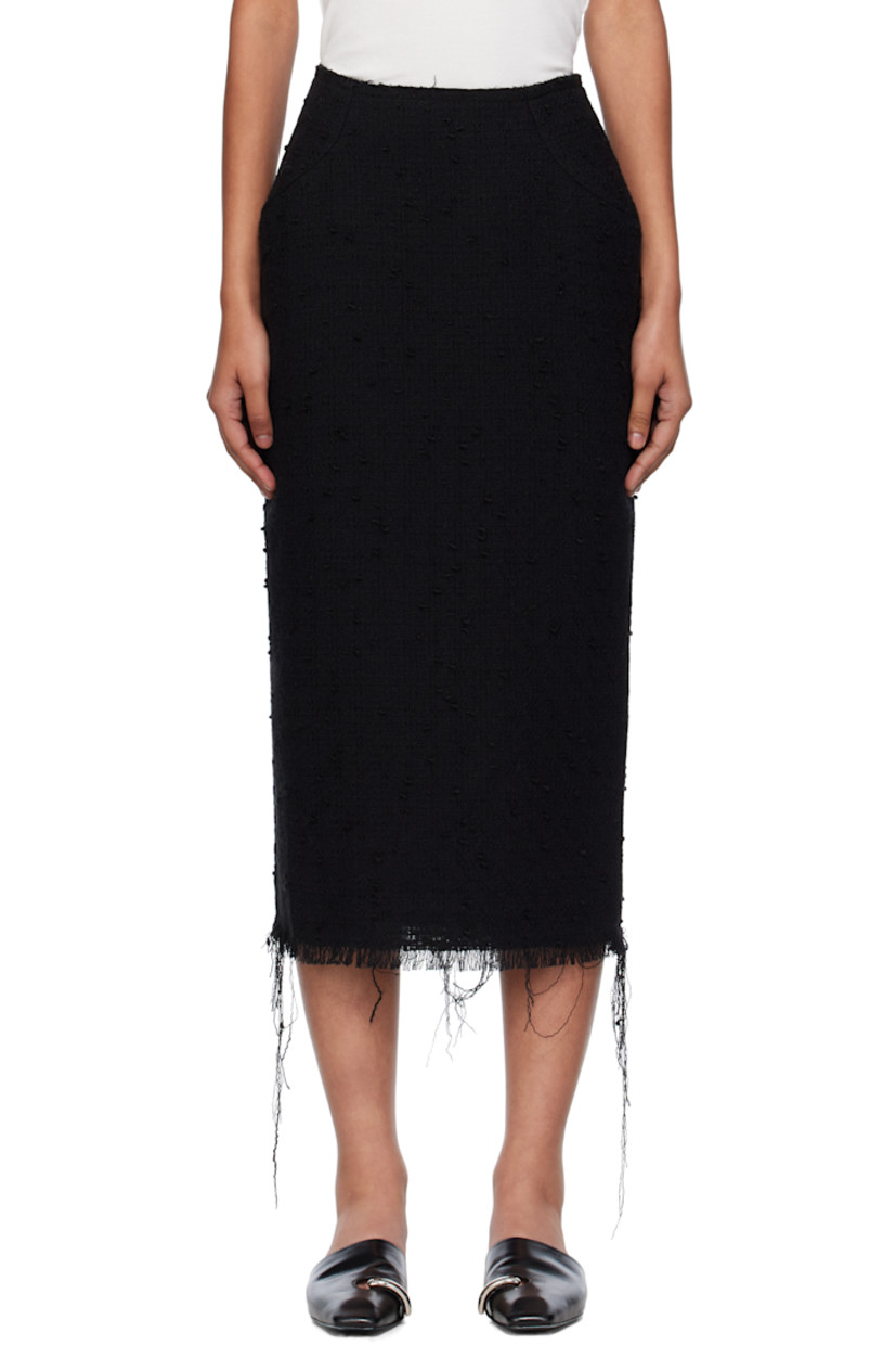 Wool-blend tweed midi skirt. 

· Darts at waist
· Frayed edge at hem 
· Concealed zip closure at back waist 
· Central vent at back hem 
· Full satin lining 

Supplier color: Black