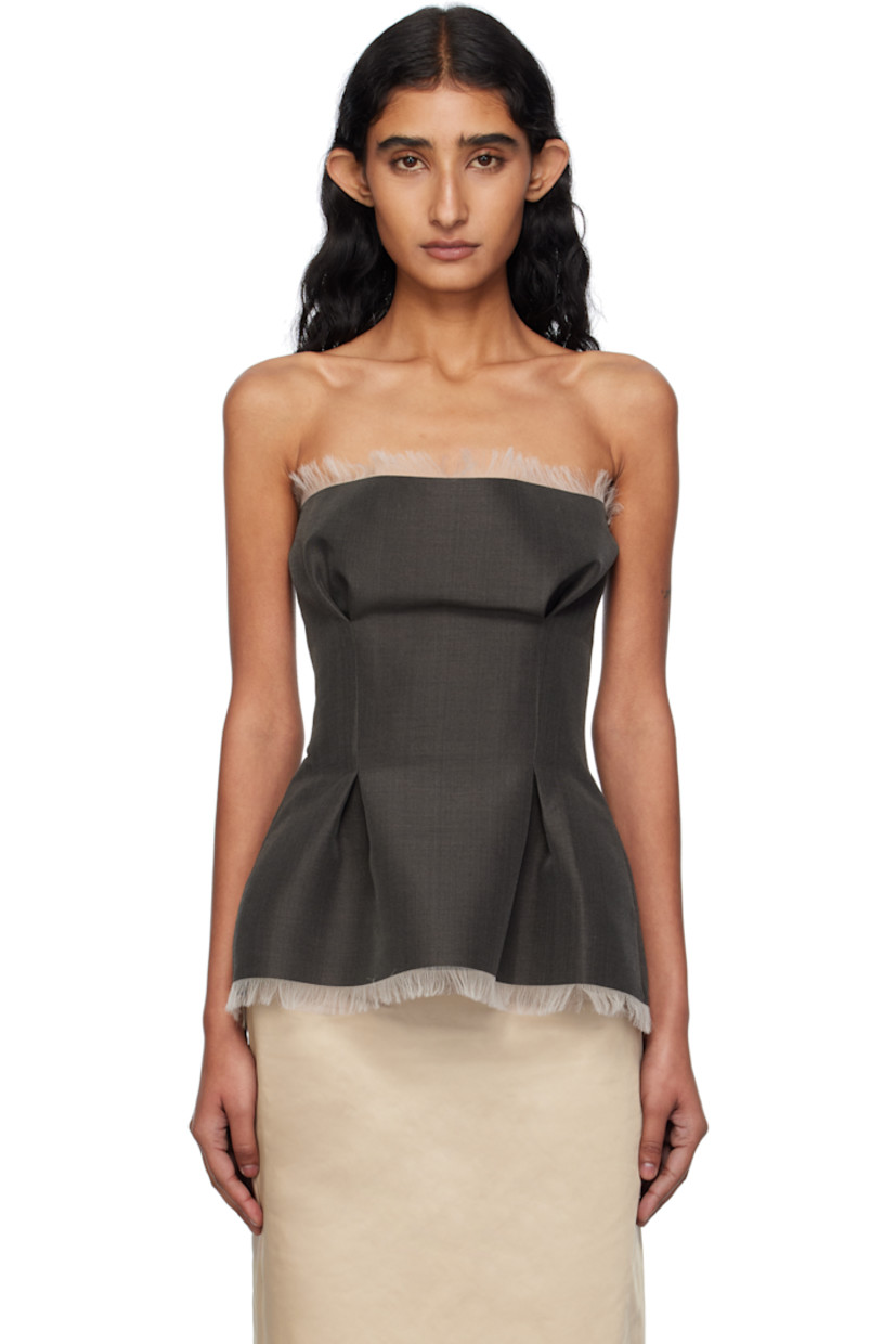 Plain-woven wool- and silk-blend top.

· Frayed edges throughout 
· Straight neck
· Inverted box pleats at peplum hem 
· Concealed offset zip closure at back 
· Full satin lining 

Supplier color: Cedar brown