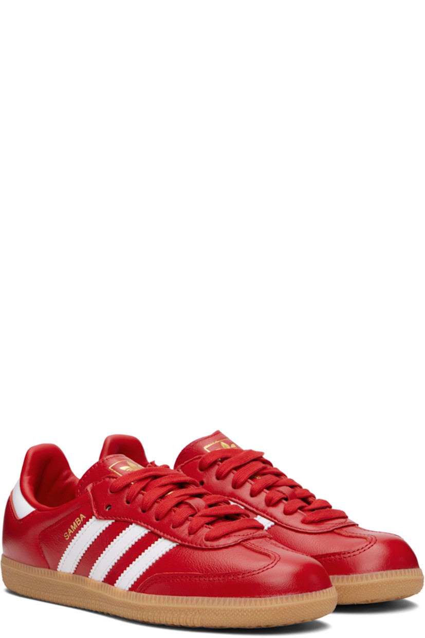 Low-top grained leather and buffed faux-leather sneakers.

· Lace-up closure
· Logo embossed at tongue
· Padded collar
· Signature serrated stripes at sides
· Text stamp at outer side
· Quilted heel tab
· Faux-leather lining
· Treaded rubber sole

Supplier color: Better scarlet/Cloud white/Gum