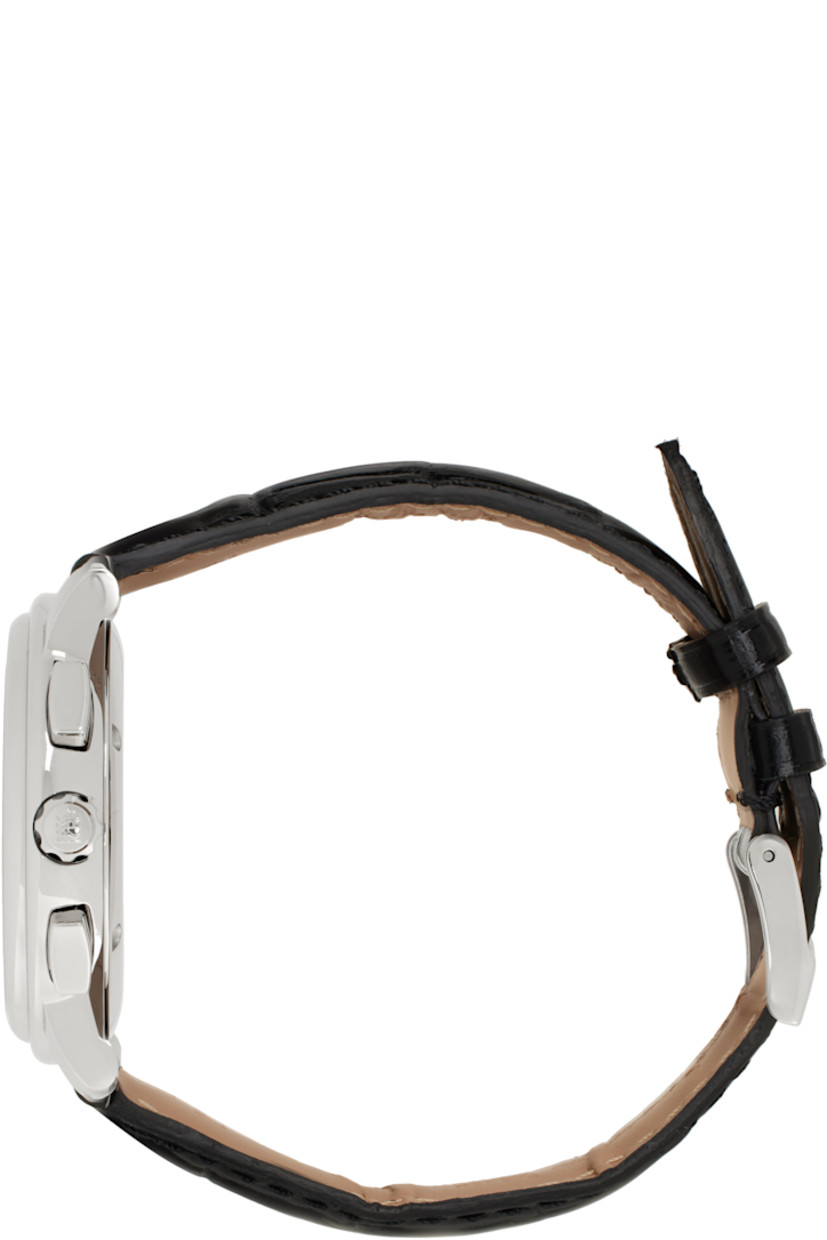 Polished stainless steel round case. Croc-embossed calfskin strap in black with logo-engraved pin buckle.

· Lugged
· Flat sapphire crystal lens
· Logo and markers in black
· Guilloché detailing at dial
· Chronograph and date aperture at white dial
· Fluted push-pull crown
· Engraved logo at case back
· 13-Jewel three-hand FC-292 quartz movement
· Swiss-made
· 60m water resistance
· Case: D40 mm
· Strap: W0.75” 

Supplier color: Black/Silver