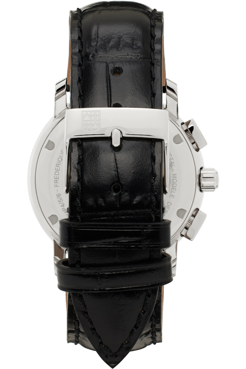 Polished stainless steel round case. Croc-embossed calfskin strap in black with logo-engraved pin buckle.

· Lugged
· Flat sapphire crystal lens
· Logo and markers in black
· Guilloché detailing at dial
· Chronograph and date aperture at white dial
· Fluted push-pull crown
· Engraved logo at case back
· 13-Jewel three-hand FC-292 quartz movement
· Swiss-made
· 60m water resistance
· Case: D40 mm
· Strap: W0.75” 

Supplier color: Black/Silver