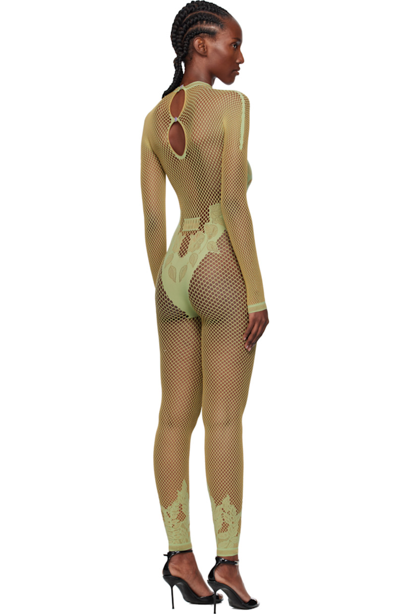 Stretch fishnet jumpsuit. 

· Semi-sheer
· Pointelle-knit floral pattern throughout
· Mock neck
· Button closure with crystal at back collar
· Jacquard logo at back

Supplier color: Green