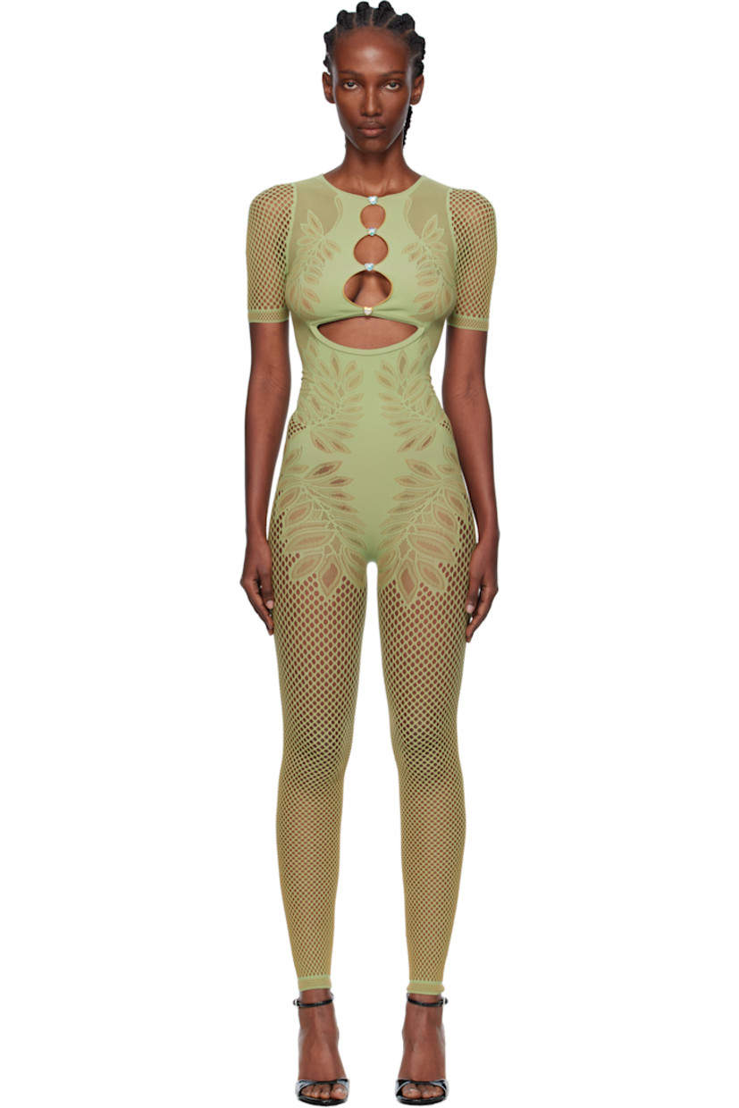 Stretch fishnet jumpsuit. 

· Semi-sheer
· Pointelle-knit floral pattern throughout
· Round neck
· Keyhole cutouts with crystal at chest 
· Button closure with crystal at back collar
· Jacquard logo at back

Supplier color: Green