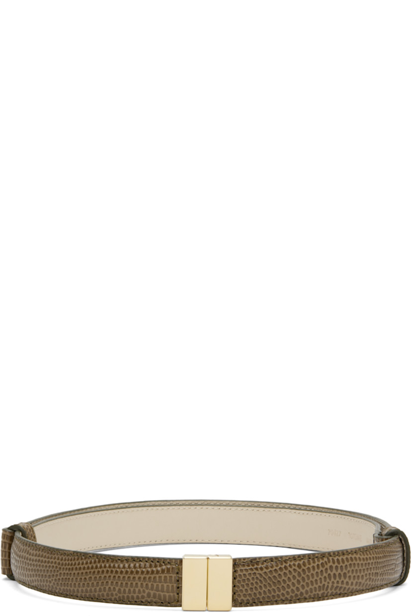 Lizard-embossed calfskin belt. 

· Adjustable tab-slot fastening
· Gold-tone hardware
· W0.75"

Supplier color: Dark olive